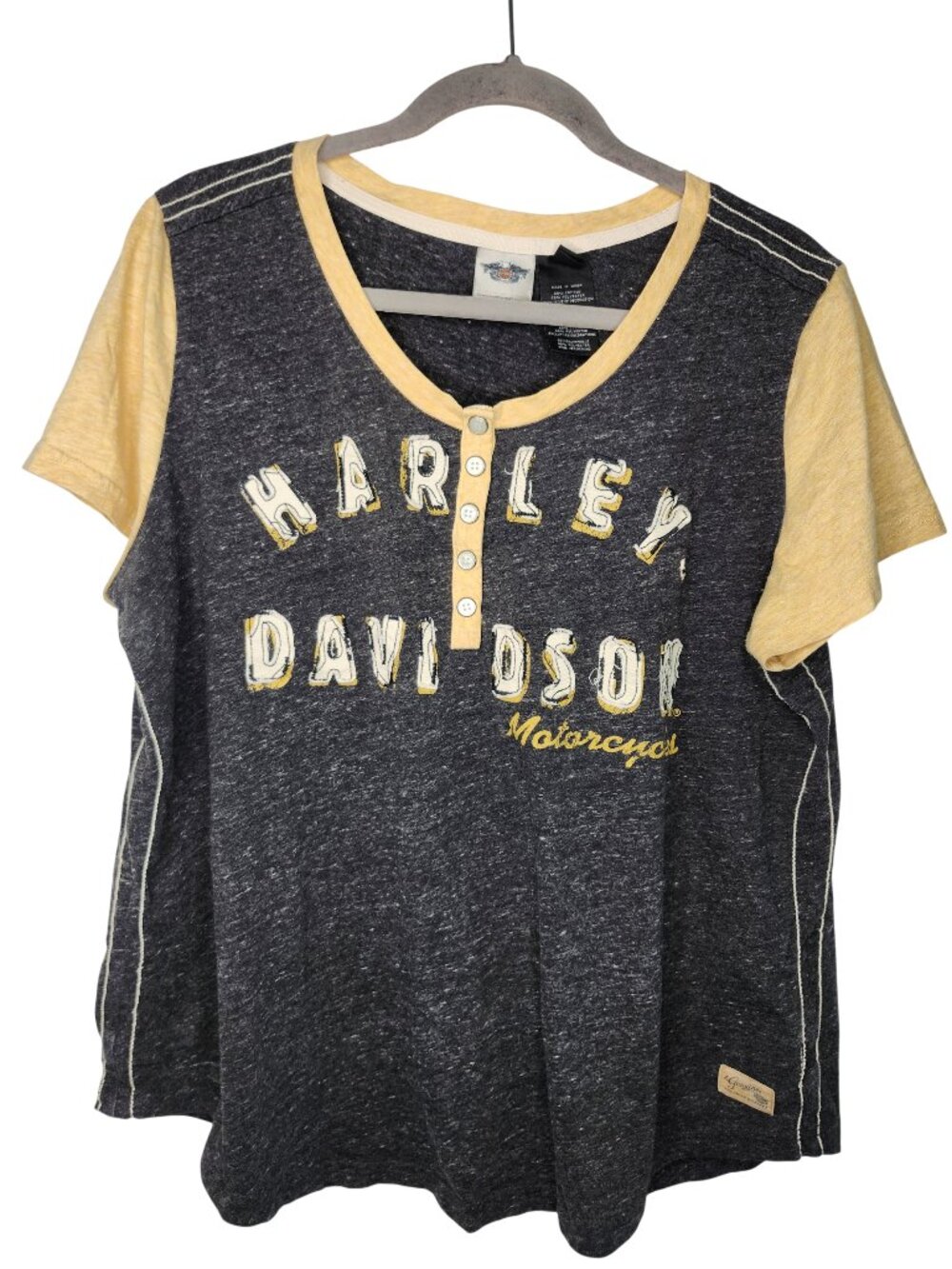 Harley-Davidson Gray and Yellow Baseball Style Henley Tee Plus Size 2XL